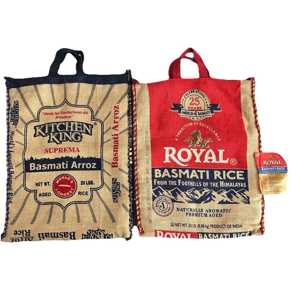 Set of 2 Royal Kitchen King Basmati Rice Burlap‎ Jute Tote Bags Zippered Handles